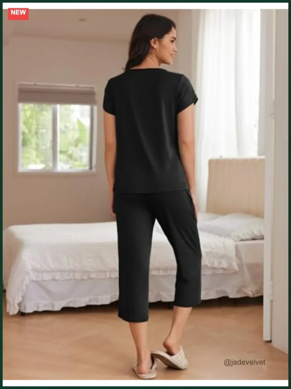 Capri Pajama Set Short Sleeve Mumu Pleated Top Capri Pants with Pockets